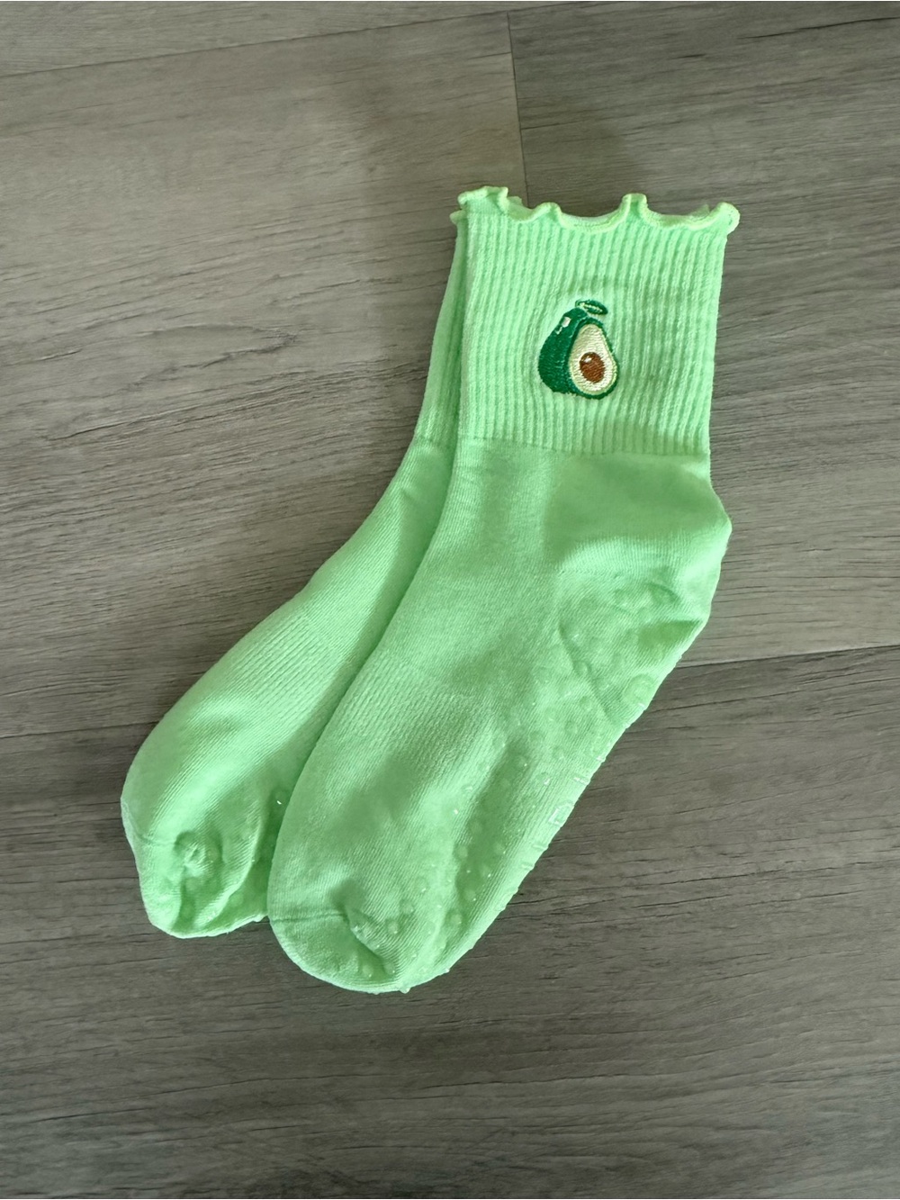 ⭐️ Neon Green Avocado Embroidered Grip Crew Socks